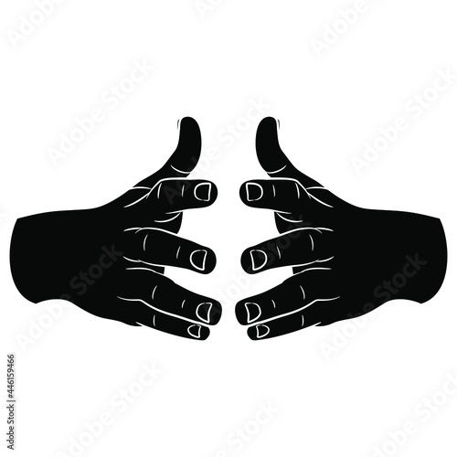 Front view of two human hands with open fingers in reaching forward gesture. Cartoon style. Black and white negative silhouette.