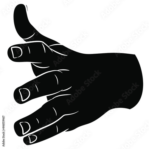 Human hand reaching forward in handshaking gesture. Empty palm with open fingers. Cartoon style. Black and white negative silhouette.