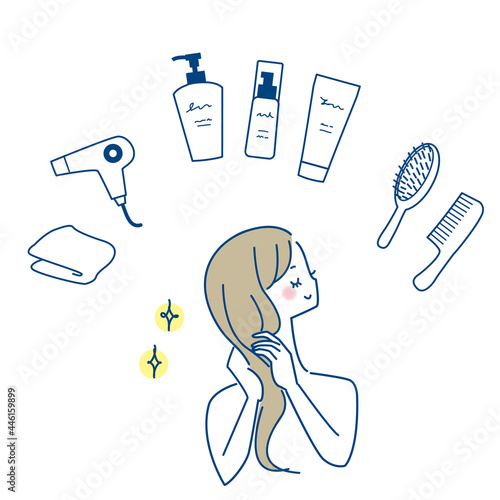 美しい髪の女性とヘアケアグッズの線画セット