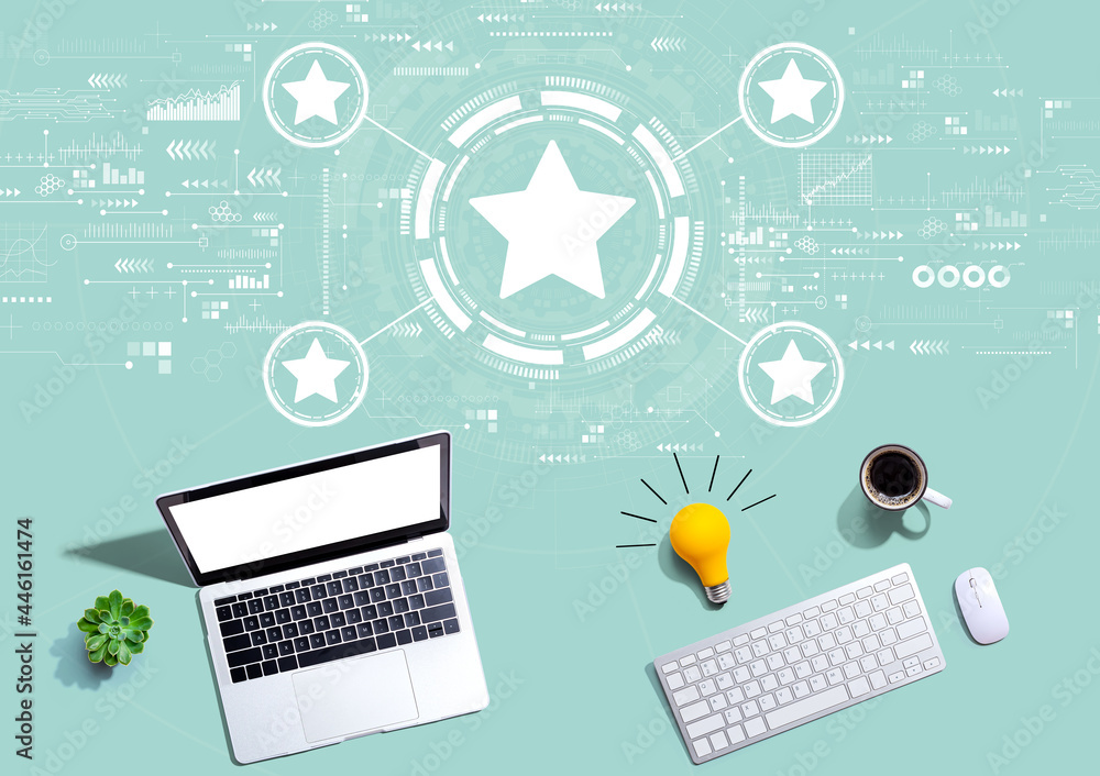 Rating star concept with computers with a light bulb Rating star concept with computers with a light bulb
