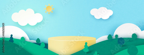3d Paper cut abstract minimal geometric shape template background.Yellow cylinder podium on Summer season natural landscape scene.Vector illustration.
