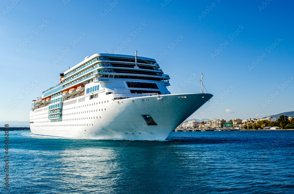 Modern Cruise ship Cruise ship leaving the port of Kalamata city, Messenia, Greece.