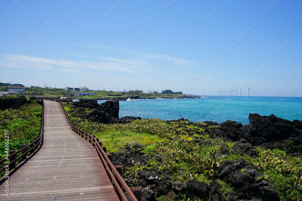 Fototapeta premium a beautiful seaside landscape with walkway and wind power plant