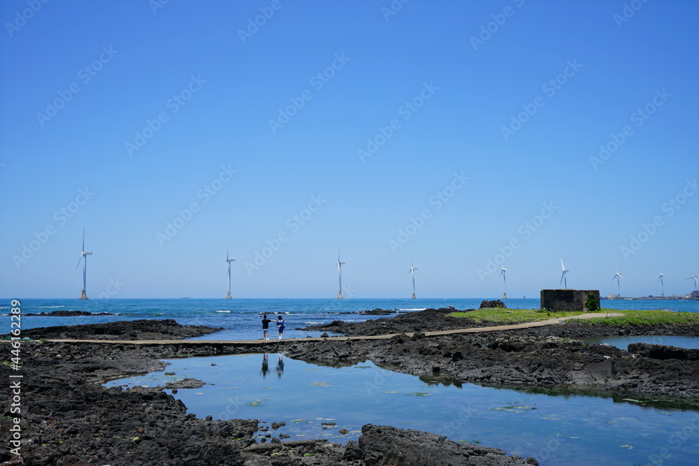 a beautiful seaside landscape with walkway and wind power plant