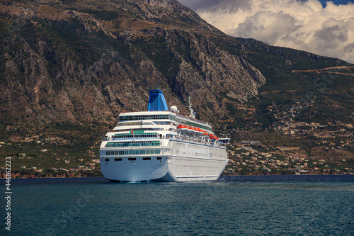 Modern Cruise ship leaving the port of Kalamata city, Messenia, Greece