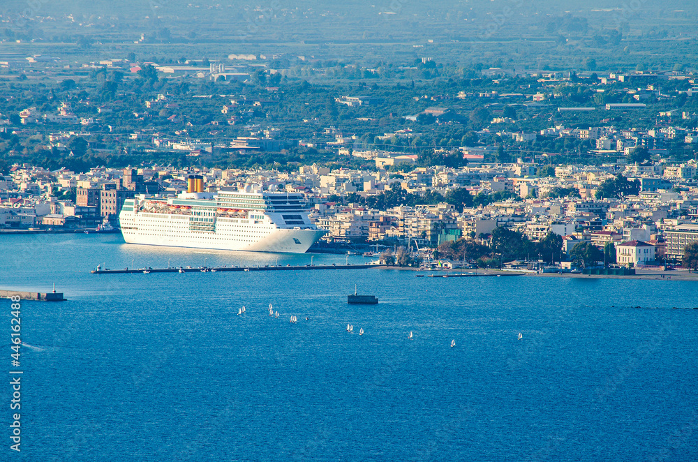 Modern Cruise ship anchored at the port of Kalamata city, Messenia, Greece.