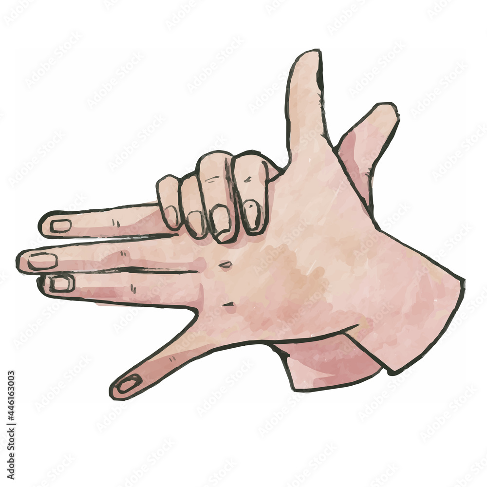Obraz premium Hand shadow, watercolor hands gesture, animal puppets, dog, wolf.