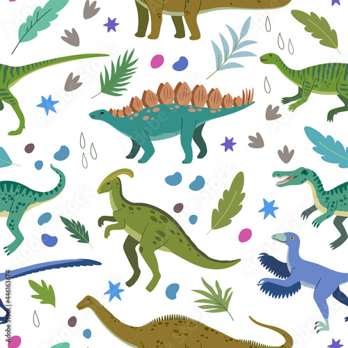 Seamless pattern with cartoon doodle dinosaurs and nature elements, rocks, leaves and stars. Adorable children design.