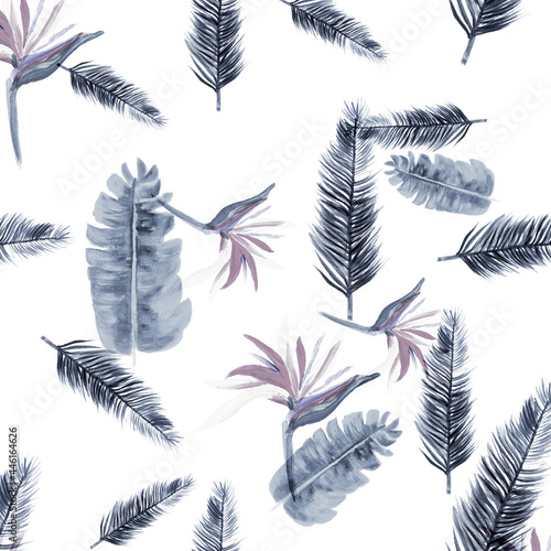 Blue Pattern Vintage. Azure Tropical Palm. Cobalt Floral Hibiscus. Navy Flora Background. White Decoration Illustration. Gray Wallpaper Leaf. Indigo Spring Textile.
