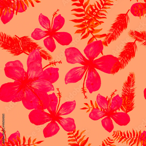 Ruby Seamless Leaves. Scarlet Pattern Leaves. Coral Tropical Vintage. Pink Flower Design. Red Drawing Botanical. Spring Illustration. Flora Art. Floral Foliage.