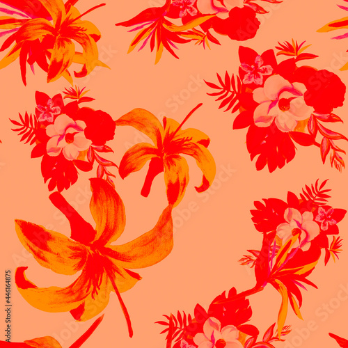 Scarlet Pattern Vintage. Red Seamless Foliage. Ruby Tropical Texture. Pink Flower Leaves. Coral Wallpaper Textile. Decoration Painting. Watercolor Background.