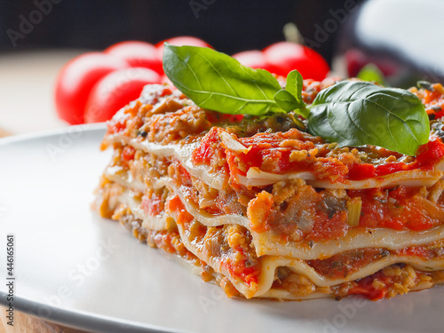 Extra close up view to piece of lasagna with basil leafs and tomatoes on backdrop. Menu of Italian cuisine. Side view.