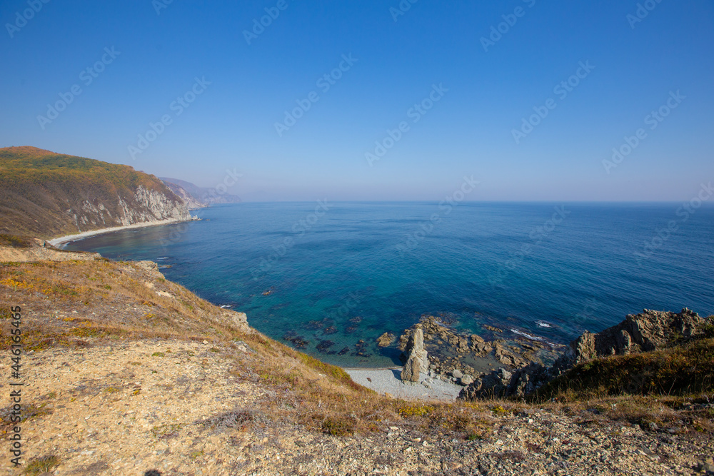 Sikhote-Alin Biosphere Reserve. Cape North. Rocky steep coast of the Sea of Japan.