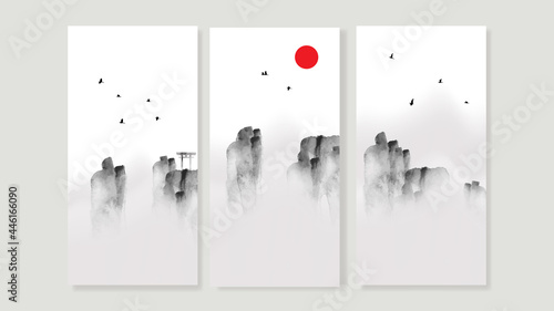 Mountain triptych wall art vector. Chinese or Japanese oriental Watercolor Floating Mountains background with gold line art. Design for home decor, Office art and wallpaper.
