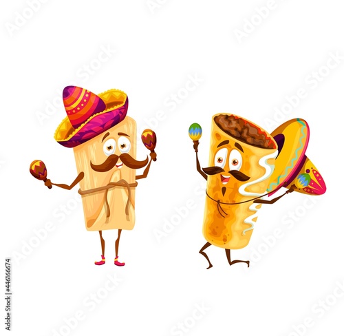 Cartoon mexican tamales and chimichanga happy characters. Vector mariachi funny musicians in sombrero playing maracas, tex mex fastfood artists with mustaches celebrate national holidays and sing