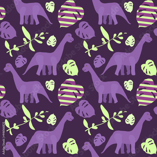 The Diplodocus pattern . Dinosaur amethyst background . Seamless design for fabric  children s textiles   printed products . Beautiful purple  green  monstera leaves   liana  wild prehistoric animal