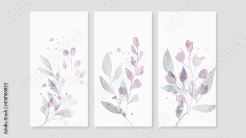 Flower watercolor art triptych wall art vector. Abstract art background with sweet orange and pink Floral Bouquets, Wildflower 
 and leaf  hand paint design for wall decor, poster and wallpaper.