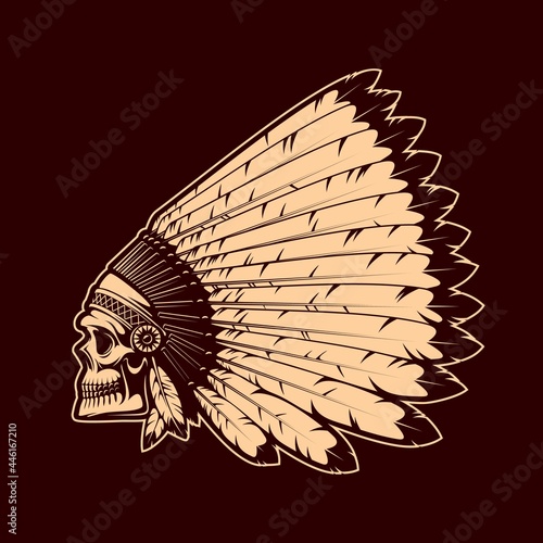 Indian chief skull in war bonnet. Native americans culture and wild west colonization history vector symbol with human skull and feather ritual headdress. Indian warrior or chieftain in warbonnet