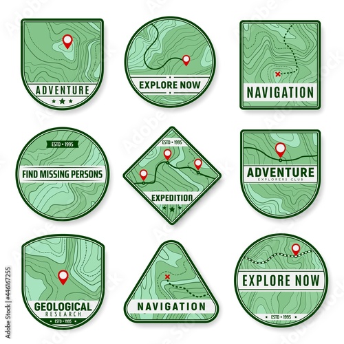 Topographic icons. Expedition, area exploration and geological research vector icons. Navigation pin or marks, travel destination, expedition or trip route, relief contour lines topographic map