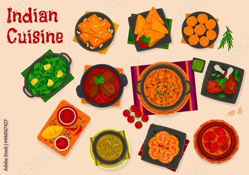 Indian cuisine food with vector dishes of meat and seafood curries, fried pastry samosa and khaman dhokla dessert. Shrimp masala, mango chutney and lentil soup masoor dal, restaurant menu design