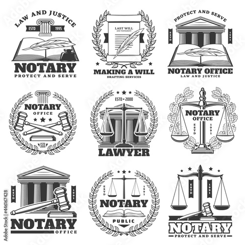 Notary office, lawyer and law firm icons, monochrome vector emblems. Law book, quill feather and laurel wreath, scales of justice symbol, court judge gavel and last will parchment scroll or document