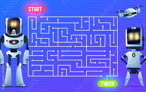 Robots on motherboard, labyrinth maze game, kids boardgame, vector cartoon. Find way maze labyrinth escape or puzzle riddle with android robots, drone quadcopter and chatbots on computer motherboard