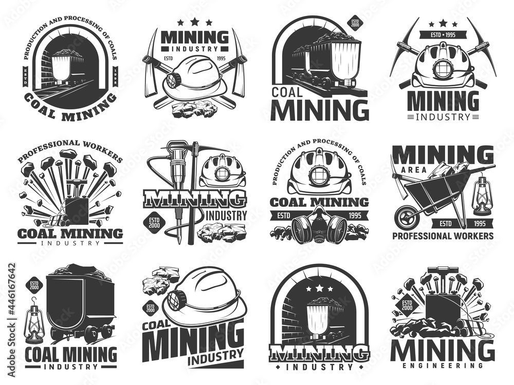 Coal mining industry icons, vector monochrome emblems with mine machinery and miner equipment or tools. Metal ore, coal in trolley, jackhammer, pickaxe and hardhat with wheelbarrow isolated labels set