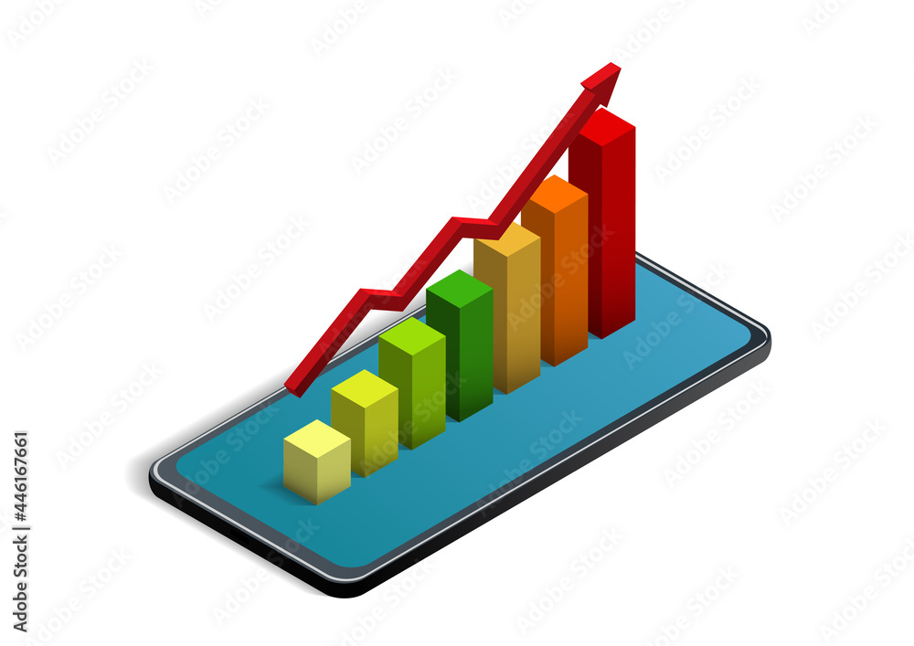 Isometric statistical chart on smartphone. Isometric statistical chart on smartphone.