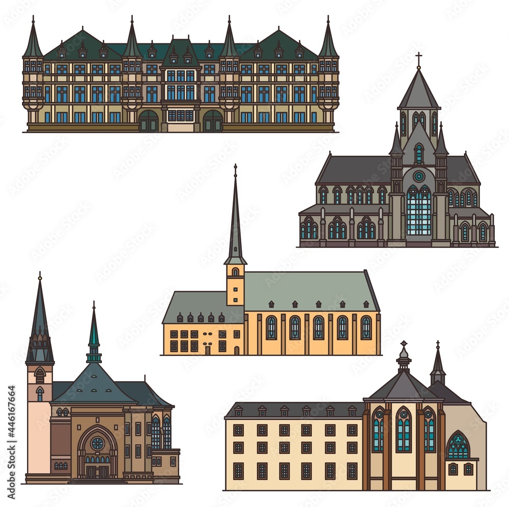 Luxembourg travel landmarks and architecture, vector city sightseeing  buildings. Luxembourg Saint Trinity church in Vianden, Onze Lieve Vrouwe van  Tamele, Grand Ducal Palace and Neumunster Abbey Stock Vector | Adobe Stock