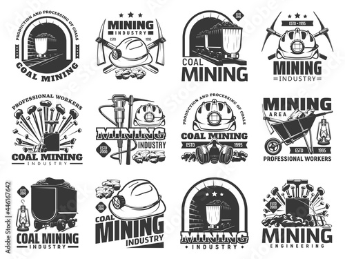Fotografia Coal mining industry icons, vector monochrome emblems with mine machinery and miner equipment or tools