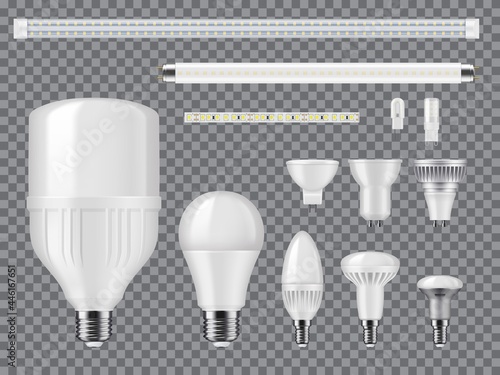LED and halogen light bulbs, linear lamps and strips mockup. Realistic vector modern ligtbulbs with diodes, screw and pin type bases, heat sinks and matted glass. High efficient, eco illumination tech