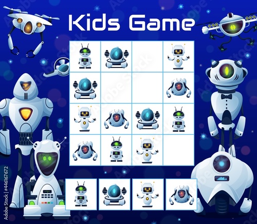 kids puzzle block game with robots, vector sudoku riddle with cartoon characters humanoid cyborgs, drones and androids on chequered board. Educational task, children teaser, boardgame for sparetime