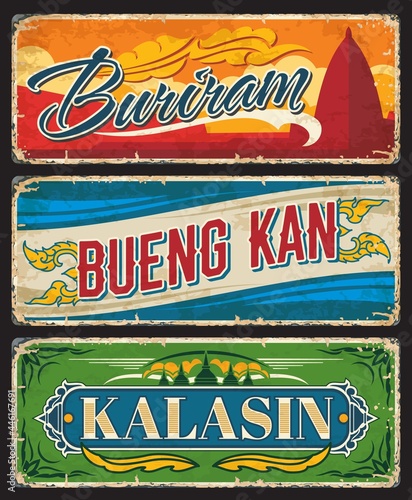 Buriram, Bueng Kan and Kalasin Thailand province vector plates and tin signs. Thai travel vintage plates, stickers and banners with mountain temple pagoda, stupas and provincial seals ornament photo