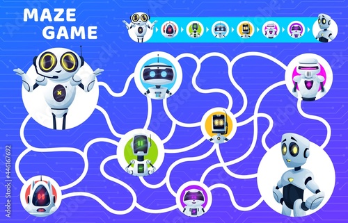 Labyrinth maze game, kids riddle with cartoon vector robots. Find right way education puzzle, attention test or quiz, board game template with map, robots, artificial intelligence droids and bots