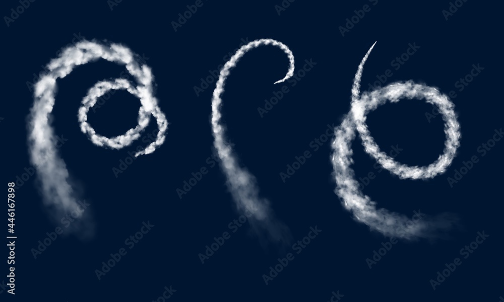 Round condensation airplane chemtrails, trails and contrails. Vector plane smoke, curve air jet clouds, realistic 3d spray tracks design elements, vapor effect in sky isolated on blue background