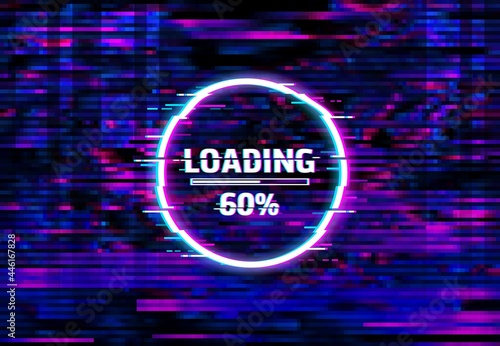 Digital distortion loading bar glitch screen, color lines and pixel noise. Computer program fail, internet connection loss and broadcast signal loss background with file download bar, noise pattern