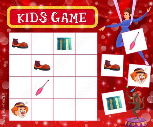 Circus sudoku kids game of vector education block puzzle. Logic game worksheet template, children maze, test or riddle with circus shapito clown, acrobat, trained monkey, juggling clubs and pedestal