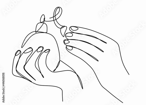 aroma, beautiful, body, bottle, chic, closeup, cosmetic, continuous drawing of women's hands with a bottle of perfume in the minimalist style, close-up, cosmetics, magazine, print on a T-shirt