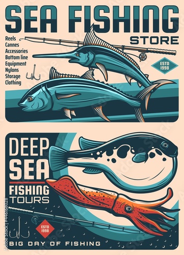 Sea fishing tackles store, ocean fishing travel tours sketch vector banners. Tuna and Fugu fishes, marlin, billfish or swordfish, squid, rod with reel and hook. Fishing sport trophy retro posters