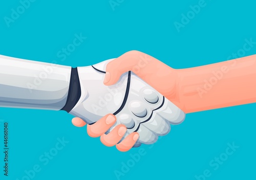 Cooperation with artificial intelligence. Human shaking hand with robot or android, man welcoming cyborg, future machine or robotic alien. Cartoon vector robot and man partnership handshake