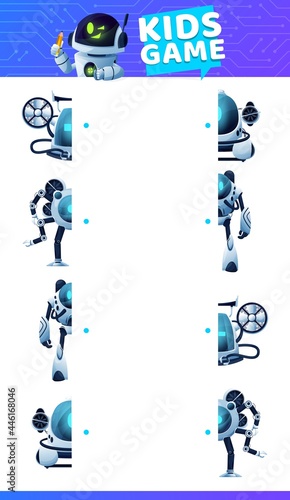 Find correct piece of robot, kids game or puzzle tabletop, vector background. Find second part of robot droid, android chatbot or cyber alien, kids tabletop or board game find and match