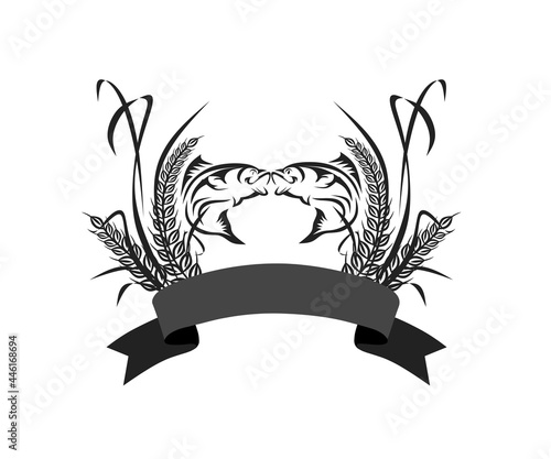 vintage logo template, rice with leaf, fish and ribbon elements for text, staple food concept