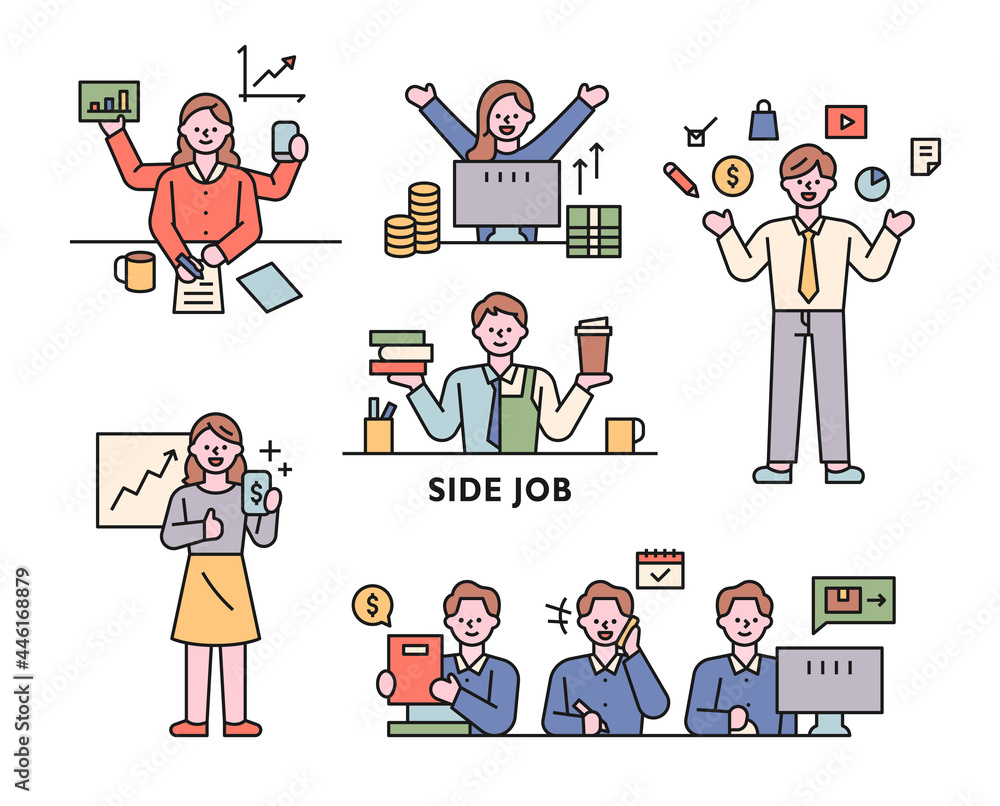 people who do side hustles. Cute characters earn money as a side job. outline simple vector illustration. people who do side hustles. Cute characters earn money as a side job. outline simple vector illustration.