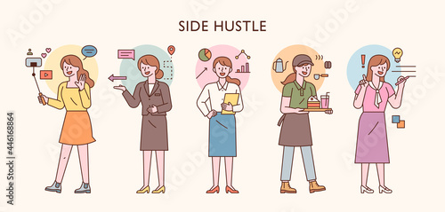 people who do side hustles. A female character with various occupations. outline simple vector illustration.