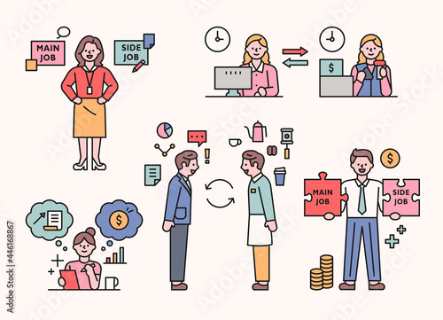 people who do side hustles. Cute characters are making money by doing side jobs. outline simple vector illustration.