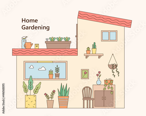The interior of the house with a red roof is decorated with plant pots. outline simple vector illustration.