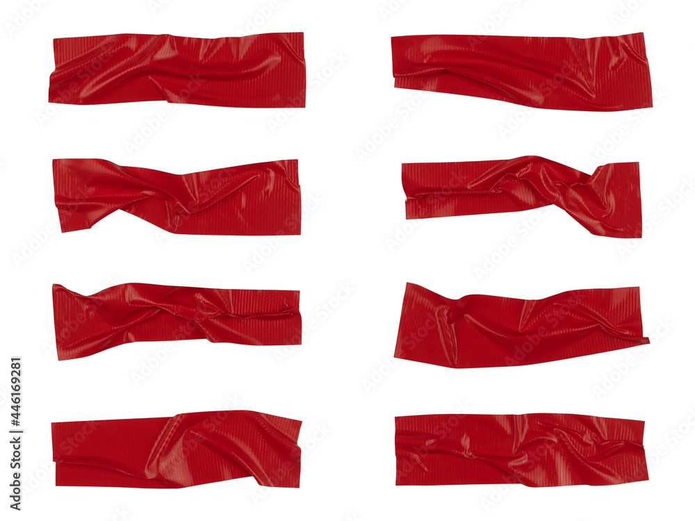 Red wrinkled adhesive tape isolated on white background. Red Sticky scotch tape of different sizes.