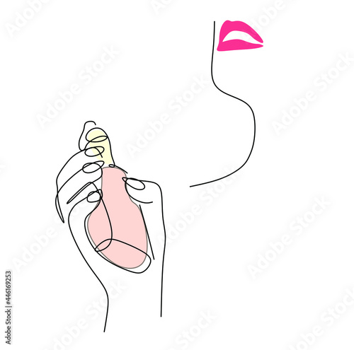 continuous drawing of women's hands with a perfume bottle and a face contour in the style of minimalism, close-up, cosmetics, magazine, T-shirt print