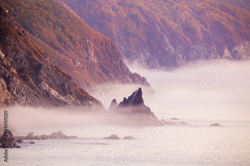 Sikhote-Alin Biosphere Reserve. The protected coast is shrouded in thick fog. Rocky coast in the Primorsky region of Russia.