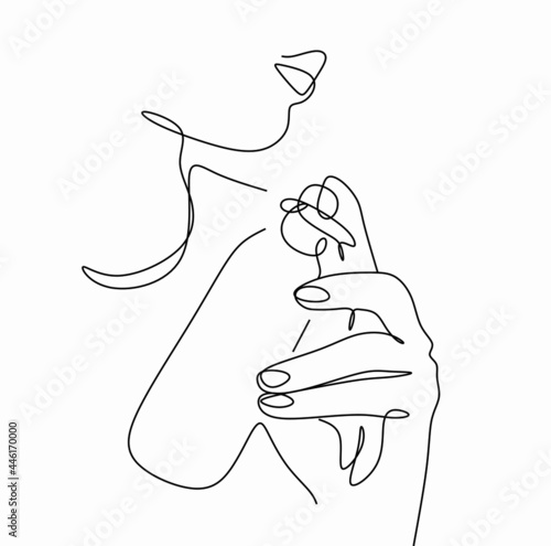 continuous drawing of women's hands with a perfume bottle and a face contour in the style of minimalism, close-up, cosmetics, magazine, T-shirt print